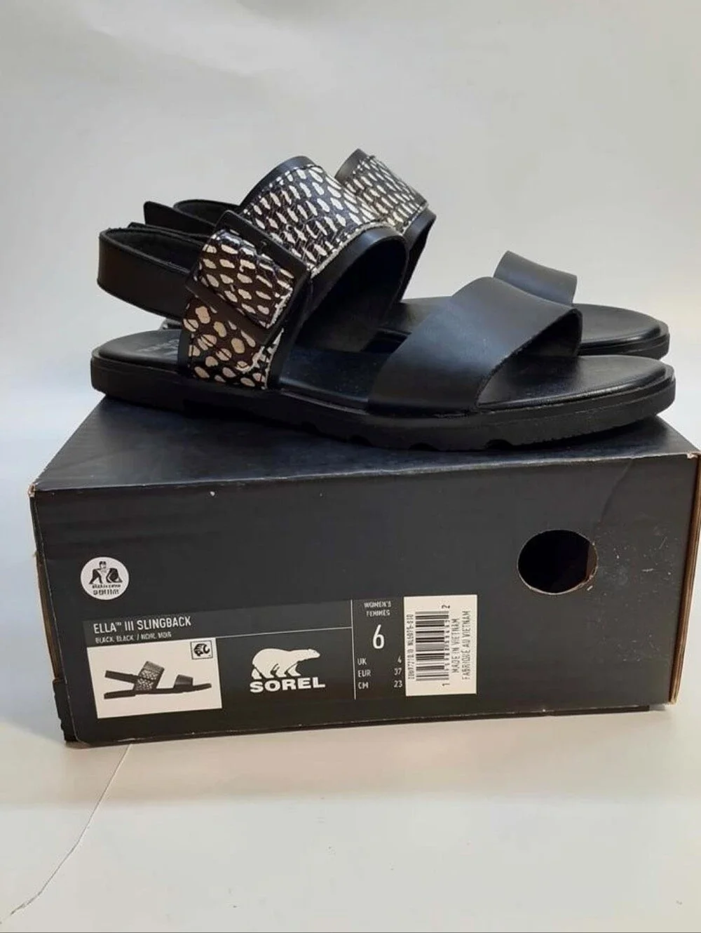 Sorel Ella III Leather Black Sandals Womens Size 6 New